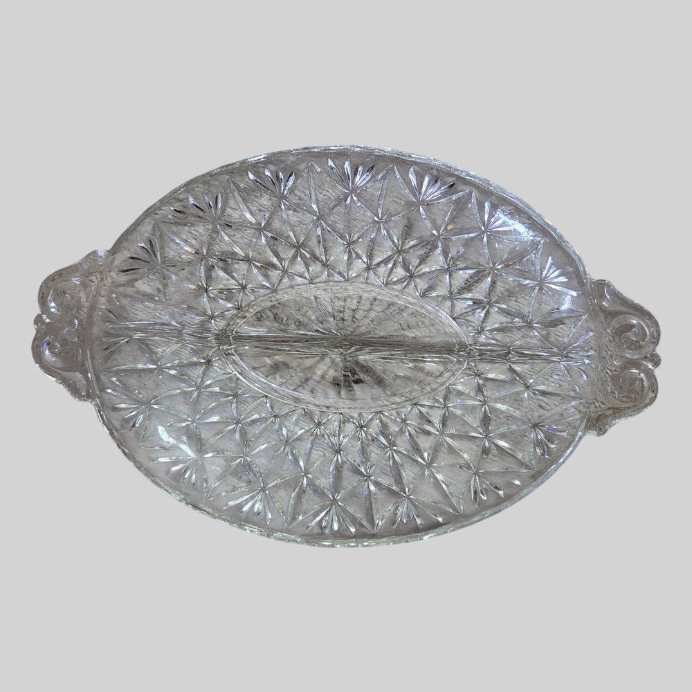 Anchor Hocking Pressed Glass Divided Relish Dish Oval Tray Scrolled Handle VTG